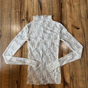 Free People Lady Lux Layering Top Sheer Lace Long Sleeve Top in Evening Cream